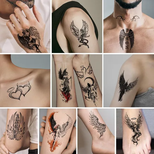 Vista 5 de 77 hojas de tatuajes temporales para mujeres y hombres, 17 hojas de tatuajes falsos grandes de ángel negro y diablo, 60 hojas de alas de corazón