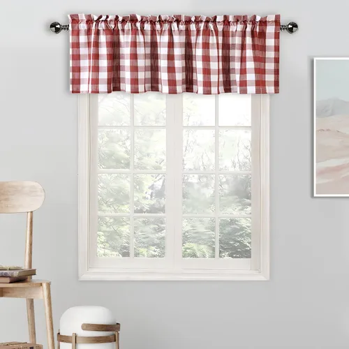 Vista 13 de Amzdecor Cortina de lino con cenefa a cuadros blancos y negros, con bolsillo para barra, rústica, para cocina, sala de estar, dormitorio, 1 panel