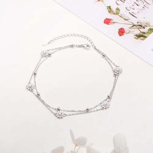 Vista 4 de Flyow Tobillera para mujer de plata de ley S925 ajustable con cuentas de corazón con dije de corazón