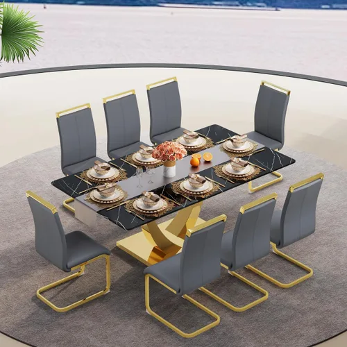 Vista 32 de Juego de mesa de comedor negra para 4, 63 x 35.4 x 30 pulgadas, mesa de comedor moderna rectangular con patas y base de acero inoxidable, sillas