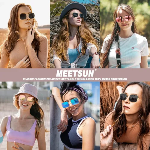 Vista 2 de MEETSUN Lentes de sol polarizados rectangulares para mujeres y hombres, retro, clásicas, cuadradas, con protección UV400, marco de metal vintage