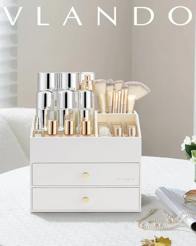 Vista 2 de VLANDO Organizador de maquillaje de 3 capas con 2 cajones grandes para A. Blanco