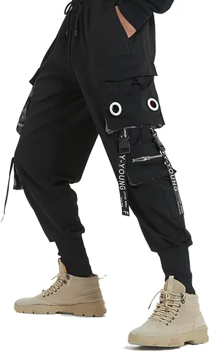 Vista 4 de Hello MrLin Pantalones deportivos para hombre, estilo punk, cargo, holgados, para hip hop, pantalones de harén, pantalones tácticos para atletismo