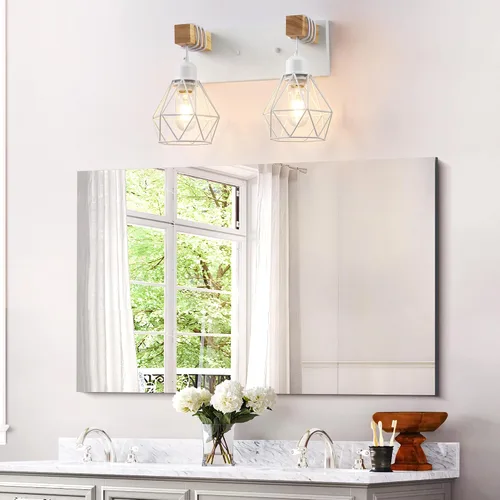 Vista 2 de Lámparas blancas para tocador de baño, luminarias de baño de madera de 2 luces sobre el espejo, apliques rústicos de pared con elegante pantalla