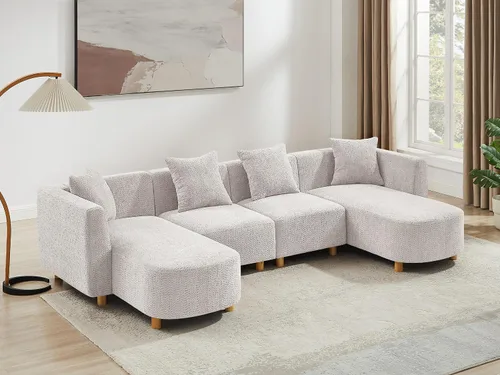 Vista 13 de VANOMi 279 cm Sofá modular seccional con 3 almohadas, cómodo sofá de chenilla en nube convertible de 5 plazas con reposapiés, sofás seccional