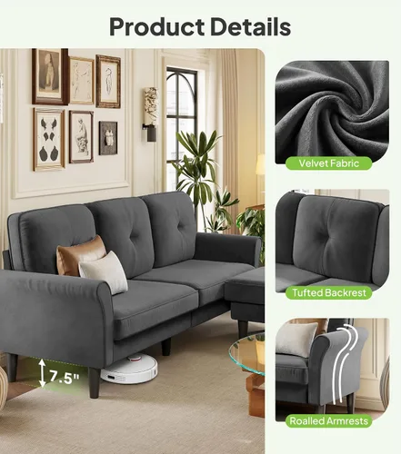 Vista 7 de Welzona Sofa Couch, 83" Sofas for Living Room, Soft Couches for Living Room Comfy Velvet, Modern U Shaped Couch with Ottomans, Small Sectional