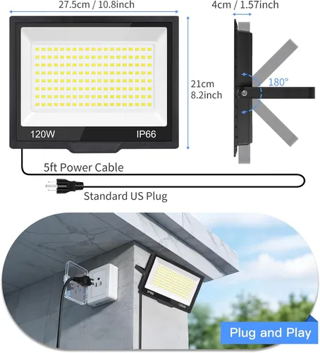 Vista 6 de Luz de inundación LED de 120 W para exteriores con enchufe, luces de seguridad superbrillantes de 14400 lm con cable de 5 pies, luz de trabajo LED