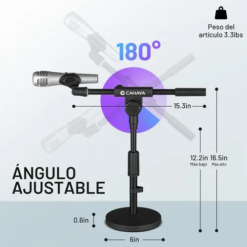 Vista 5 de CAHAYA Soporte de micrófono ajustable: soporte de micrófono con brazo de brazo de brazo de escritorio con 2 clips de micrófono Base de metal