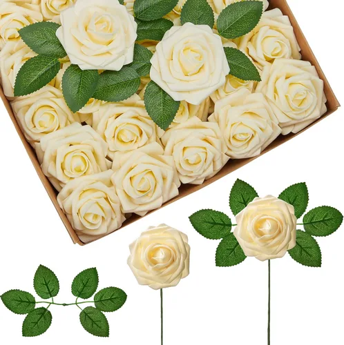 Vista 10 de InnoGear Flores artificiales, paquete de 50 unidades, rosas artificiales de espuma negras con tallos a granel para decoración, ramos de boda DIY