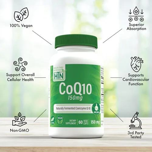 Vista 4 de Health Thru Nutrition CoQ-10 150mg - 60 cápsulas Coenzima de ubiquinona Q10 Apoya la energía celular y la protección antioxidante Sin OMG, sin