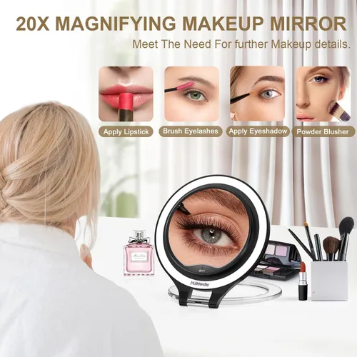 Vista 3 de Mocado Espejo de aumento 1X/20X con luz, espejo de maquillaje de viaje con luz Negro