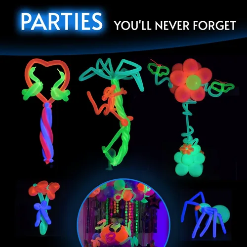 Vista 5 de Glow King Globos de neón para atar – Globos de fiesta fluorescentes que brillan en neón para atar animales de globo, suministros de fiesta reactivos