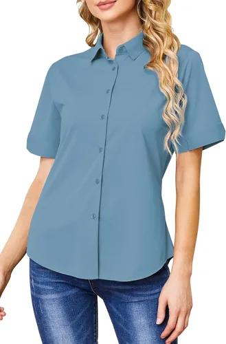 Vista 7 de Camisas con botones para mujer, sin arrugas, ajustadas, manga corta, formal, sólidas, blusas