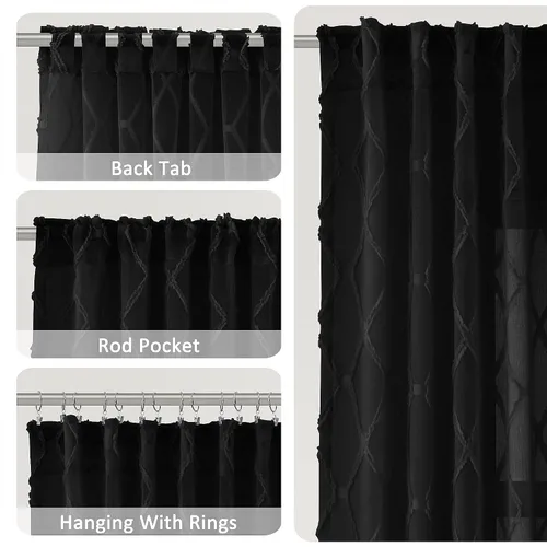 Vista 3 de Cortinas transparentes negras Hokibero de 96 pulgadas de largo, juego de 2 paneles con pestaña trasera, filtro de luz, cortinas
