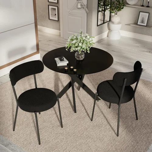 Vista 3 de Moderno juego de mesa de comedor redonda de 3 piezas, mesa de MDF circular negra y 2 sillas de comedor negras Boucle, muebles de cocina con marco