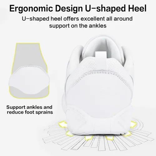 Vista 4 de CADIDL Zapatos de porrista para mujeres blancos, zapatos de baile atlético de porristas para niñas, zapatos planos de tenis para caminar, zapatillas