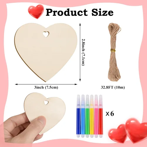 Vista 2 de 60 piezas de corazón de madera natural de 3 pulgadas para manualidades, rebanada de madera sin terminar, adornos de corazón de madera preperforados