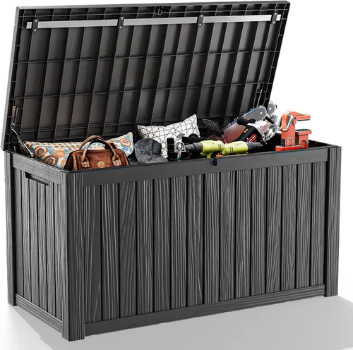 Vista 26 de Caja de resina de 30 galones para terraza, caja de almacenamiento para patio al aire libre con cierre para muebles, herramientas de jardín