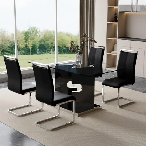 Vista 10 de Juego de 4 mesas de comedor de cristal, juego de mesa de comedor de Mesa negra+silla negra