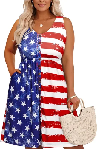 Vista 73 de Holipick Vestidos de verano para mujer, talla grande, casual, con bolsillos, acampanado, con botones, sin mangas, cuello en V