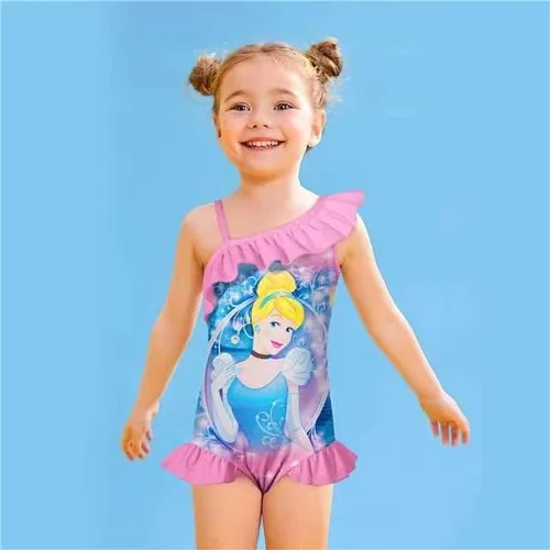 Vista 2 de Traje de baño de princesa para niñas, traje de baño de un solo hombro con gorro de natación
