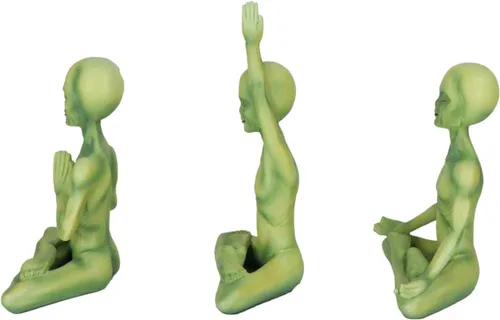 Vista 4 de Ebros Gift OVNI Sighting Green Roswell Alien ET Yoga Meditación Lotus Pose Body Mind and Soul Sitting Figurines Set de 3 criaturas extraterrestres