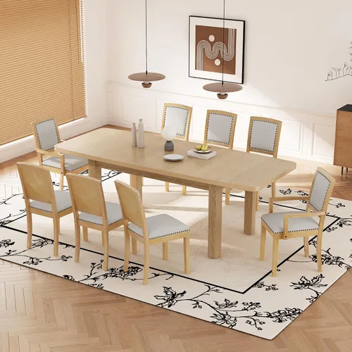 Vista 18 de Juego de mesa de comedor de 6 piezas estilo granja, mesa rectangular con soporte y 4 sillas tapizadas y banco, juego de muebles de cocina