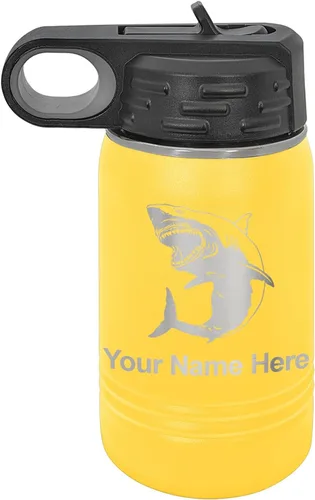 Vista 52 de LaserGram Botella de agua personalizada, gran tiburón blanco, acero inoxidable de doble pared aislada al vacío con popote superior, regalo grabado
