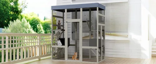 Vista 7 de Gran recinto Catio para exteriores, espaciosa casa de madera para gatos con cinco plataformas de actividades y dos áreas de descanso, refugio