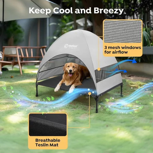 Vista 3 de Cama para Perros al Aire Libre Veehoo con Toldo, Catre Elevado Refrescante para Mascotas con Sombra Removible, Patas Antideslizantes, Catre Elevado