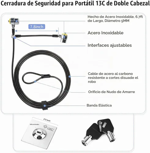 Vista 2 de Candado para laptop, cable de bloqueo de seguridad con llaves y placa de anclaje, bloqueo antirrobo para electrónica de negocios, monitores