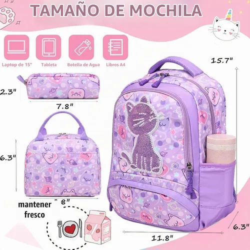 Vista 5 de Mochila de escuela primaria para niñas con lonchera, mochila de regreso a clases 01-lentejuela Púrpura