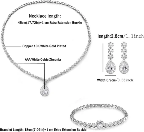 Vista 2 de Hadskiss - Juego de joyas, collar y aretes colgantes, chapado en oro blanco con circonia cúbica blanca AAA, joyería para bodas y fiestas