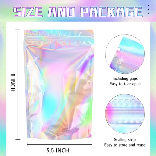 Vista 3 de NPLUX - Bolsas holográficas de Mylar resellables para embalaje y más, bolsas resellables para pequeñas empresas (paquete de 50, 5.5 x 8 pulgadas)