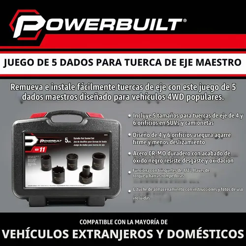 Vista 2 de Powerbuilt 648636 - Kit de herramientas para tuercas de husillo, 5 piezas, tuercas de husillo para extraer, varios tamaños, marcas de tamaño, caja