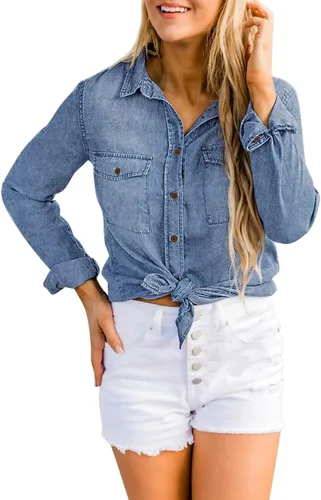 Vista 4 de luvamia Camisa vaquera de chambray para mujer, camisas occidentales de manga larga con botones