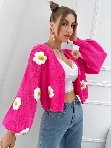 Vista 3 de MakeMeChic Cárdigan corto con apliques florales y manga de linterna para mujer