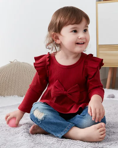 Vista 2 de YALLET Conjunto de ropa de bebé niña con volantes y pantalones de mezclilla rasgados