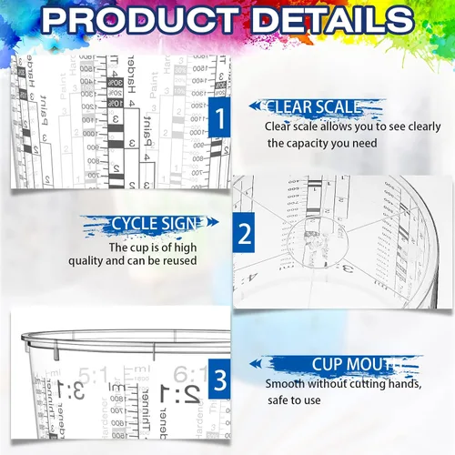 Vista 4 de 24 tazas medidoras de pintura de 64 onzas, 60.9 fl oz, tazas mezcladoras con graduados y 20 varillas de mezcla de pintura de plástico desechable