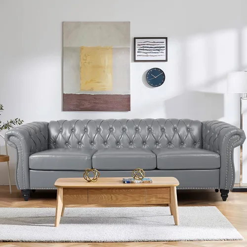 Vista 7 de QHITTY - Juego de 3 piezas para sala de estar, sofá seccional Chesterfield con silla contemporánea tapizada en cuero, sofás biplaza para sala