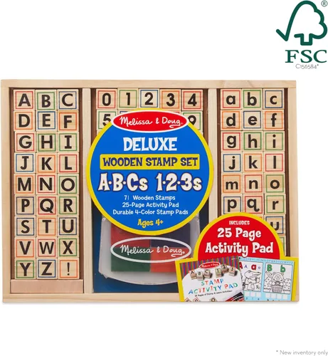 Vista 3 de Melissa & Doug - Juego de sellos de madera con letras y números ABC 123 con libro de actividades (idioma español no garantizado), 4