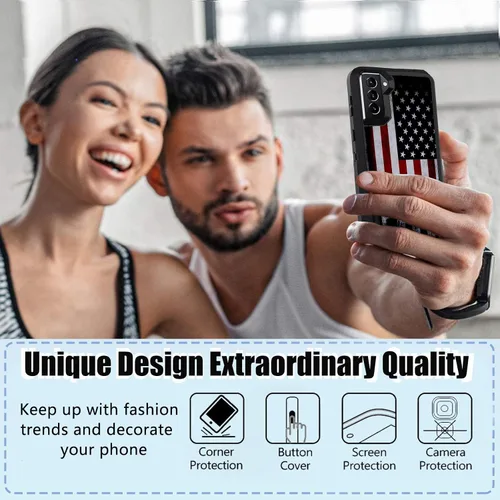 Vista 4 de Funda compatible con Samsung Galaxy S21 5G, diseño de bandera estadounidense antigua con protector de lente de cámara resistente