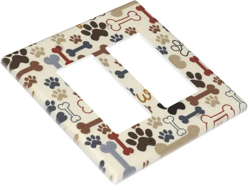 Vista 3 de Cubierta decorativa para interruptor de luz basculante doble con diseño de patas de perro, diseño de huellas de perro, placa frontal artística