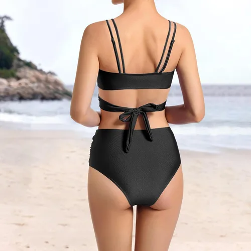 Vista 3 de OWICA Conjunto de bikini de cintura alta con efecto push up, traje de baño de 3 piezas ajustable con control de abdomen para mujer, parte delantera