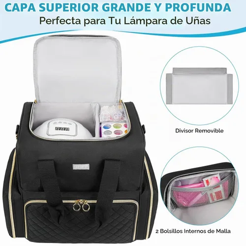 Vista 4 de Organizador de esmalte de uñas con capacidad para 80 botellas y una lámpara de uñas, estuche de transporte de esmalte de uñas con 2 bolsas Negro