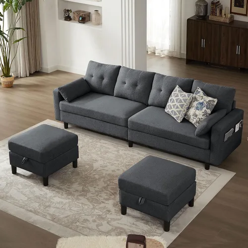 Vista 12 de Sofá en forma de L de 102 pulgadas, sofá con mesa auxiliar otomana, sofá moderno de 4 asientos con funda extraíble para apartamento y sala de estar