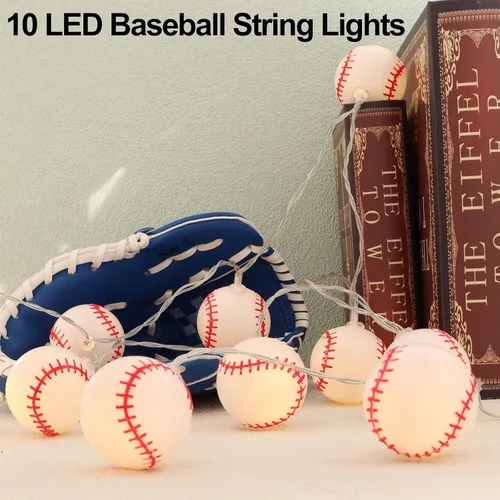 Vista 4 de Yayfazy Luces de Cadena de Decoraciones de Béisbol, Temporizador que Funciona con Pilas 6.5 pies 10LED Decoración de Habitación, Adornos de Béisbol