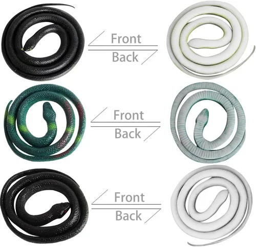 Vista 4 de Outee 7 serpientes de goma realistas – Juguetes falsos de serpiente negra de 15 a 47.2 pulgadas para accesorios de jardín, pájaros asustadores