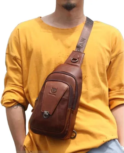 Vista 8 de Hebetag Mochila cruzada de cuero para hombres y mujeres, para viajes al aire libre, trabajo, bolsa para el pecho, camping, casual, mochila café, 7.1