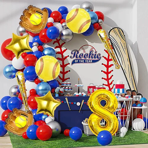 Vista 4 de 9 globos de sóftbol – Globos de papel de aluminio Mylar con número de cumpleaños de sóftbol – Suministros y decoraciones para fiestas (8vo)